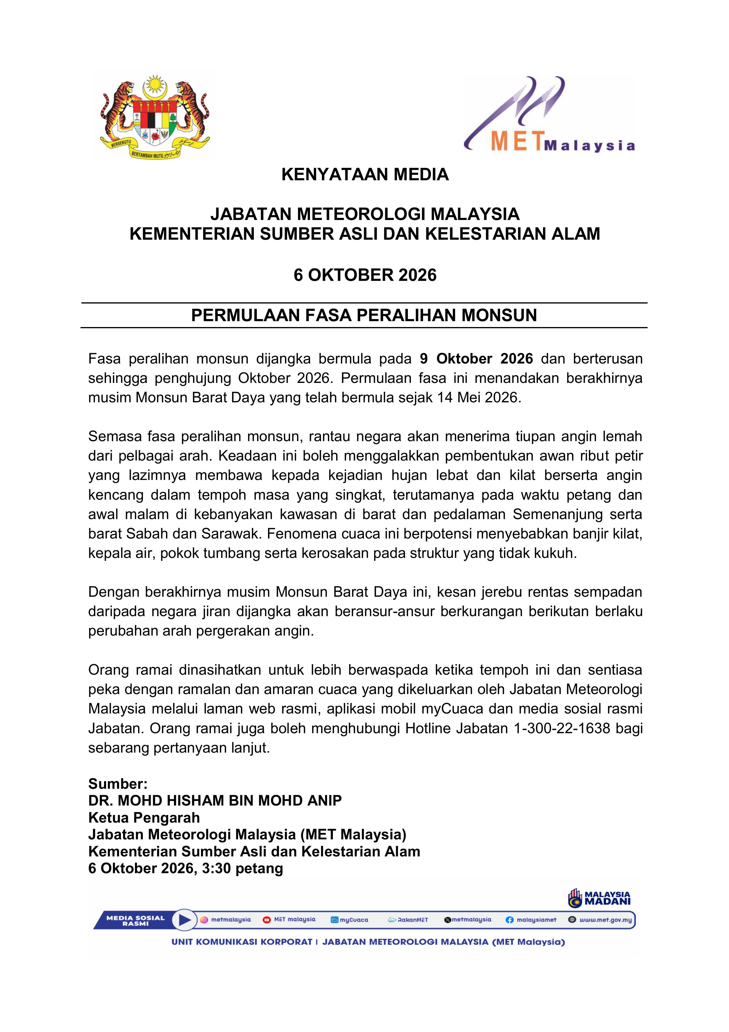 Kenyataan Media Jabatan Meteorologi Malaysia 06/10/2026