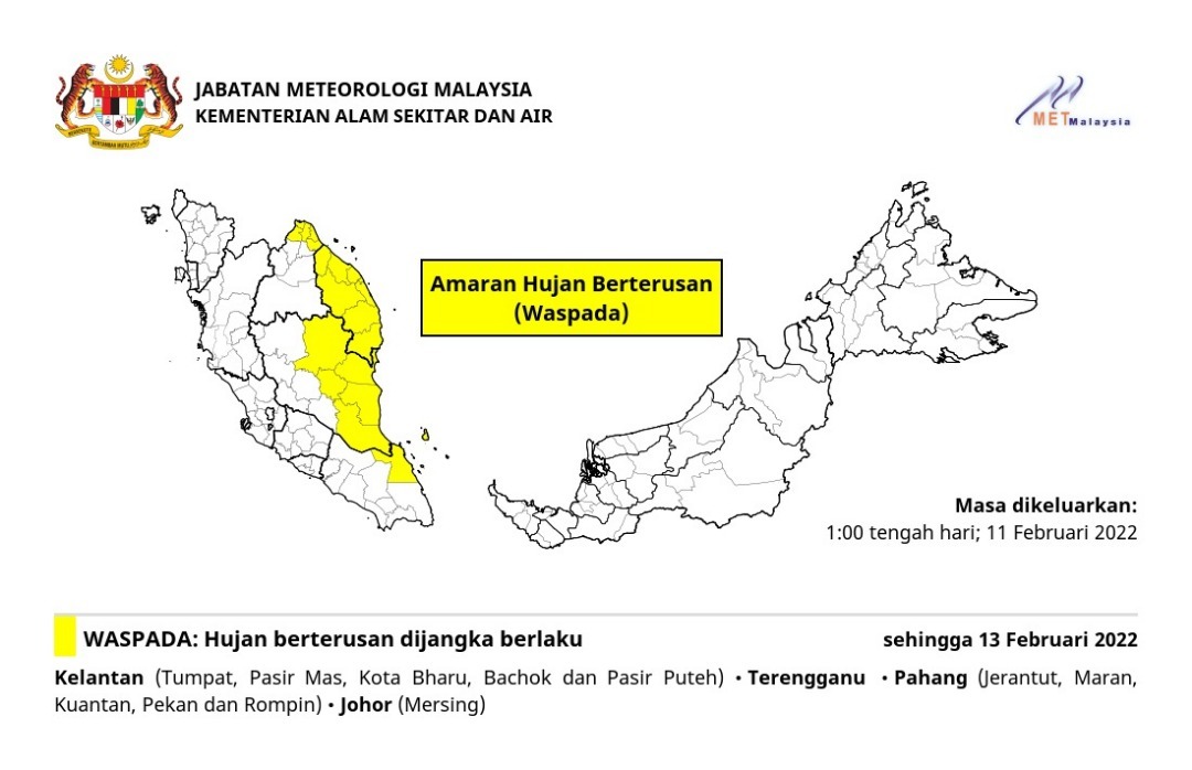 Amaran Hujan Berterusan Berwaspada 11/02/2022 0100 PM - Kelantan (Tumpat, Pasir Mas, Kota Bharu, Bachok, Pasir Putih), Terengganu, Pahang (Jerantut, Maran, Kuantan, Pekan, Rompin), Johor (Mersing)