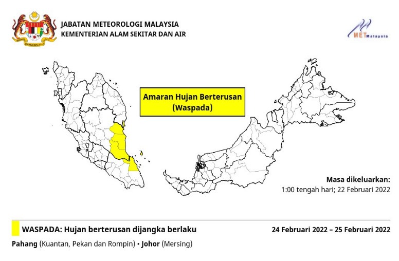 Amaran Hujan Berterusan Berwaspada 22/02/2022 0100 PM - Pahang (Kuantan, Pekan, Rompin), Johor (Mersing)