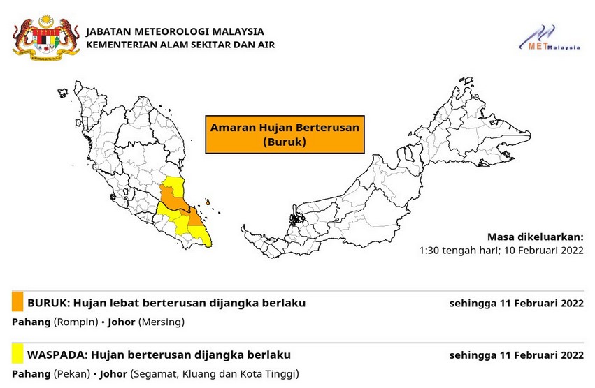 Amaran Hujan Berterusan Buruk 10/02/2022 0130 PM - Pahang (Rompin), Johor (Mersing)