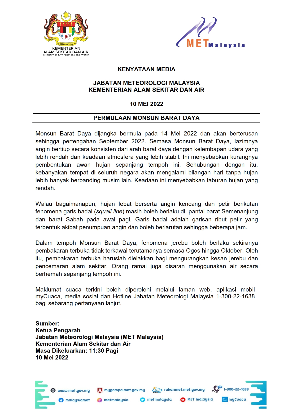 Kenyataan Media Jabatan Meteorologi Malaysia 10/05/2022