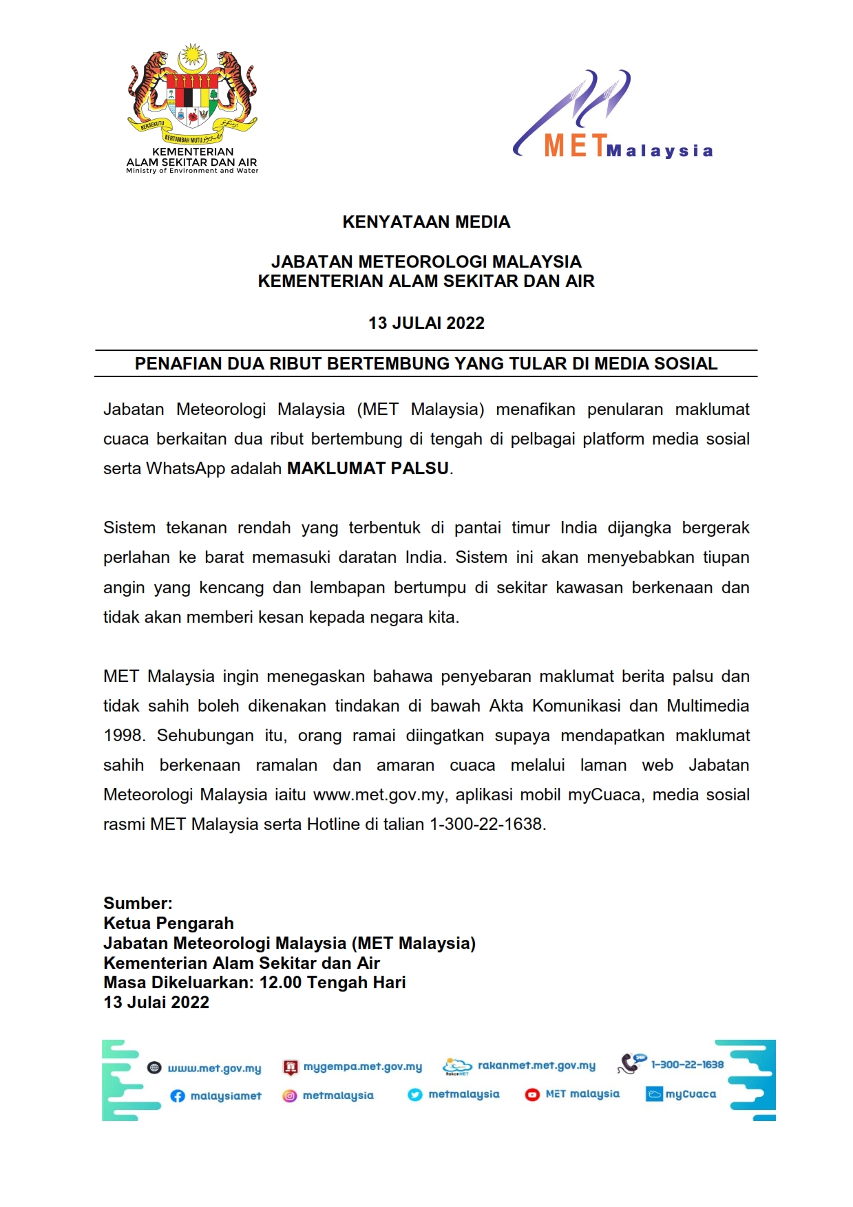 Kenyataan Media Jabatan Meteorologi Malaysia 13/07/2022