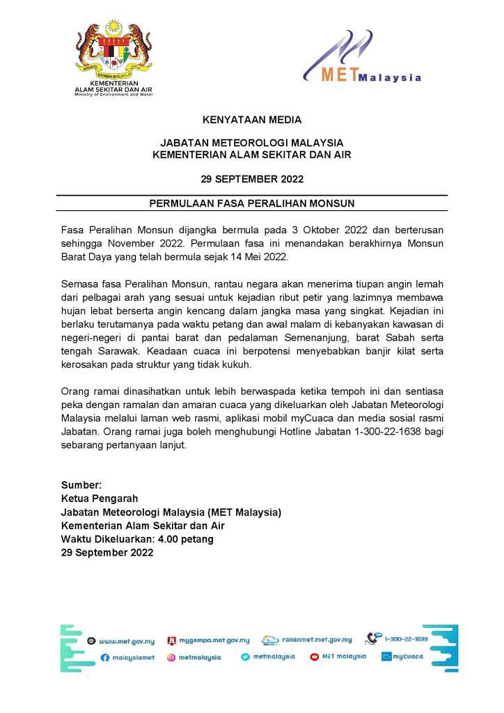 Kenyataan Media Jabatan Meteorologi Malaysia 29/09/2022