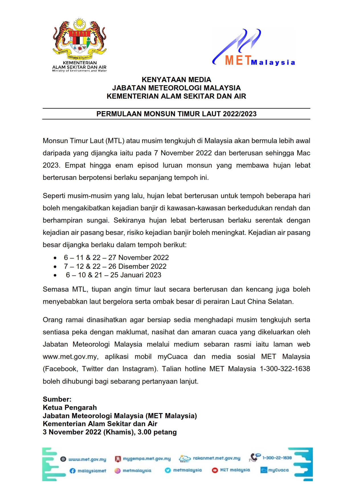 Kenyataan Media Jabatan Meteorologi Malaysia 03/11/2022