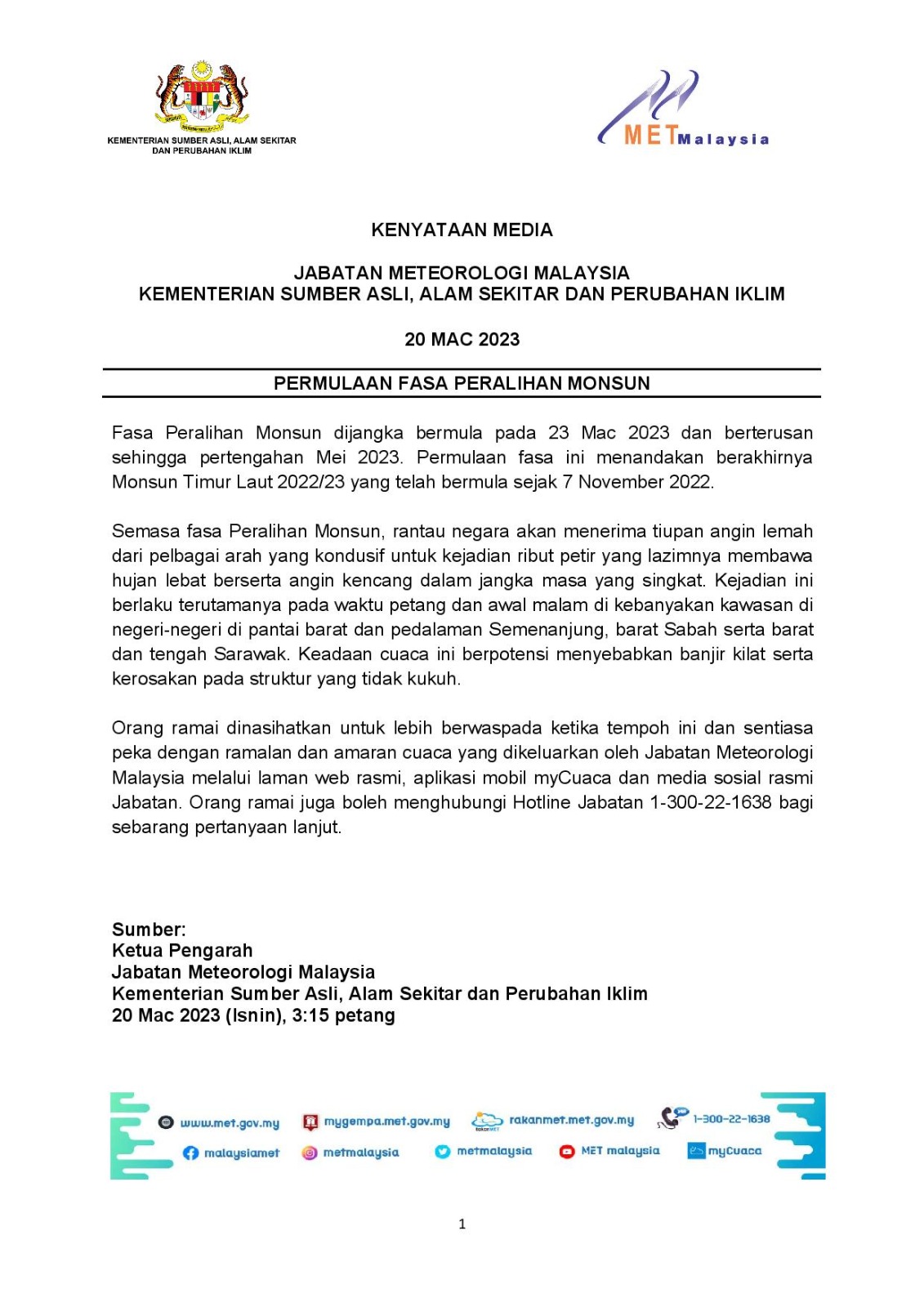 Kenyataan Media Jabatan Meteorologi Malaysia 20/03/2023 15:15 PM