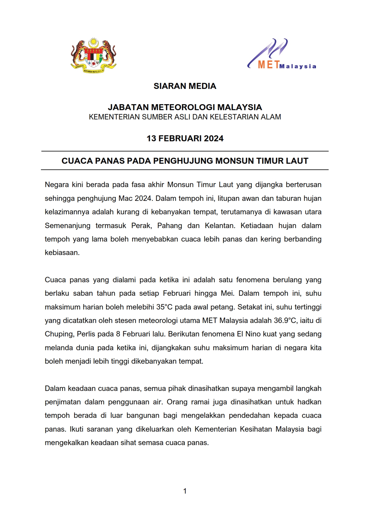Siaran Media Jabatan Meteorologi Malaysia 13/02/2024