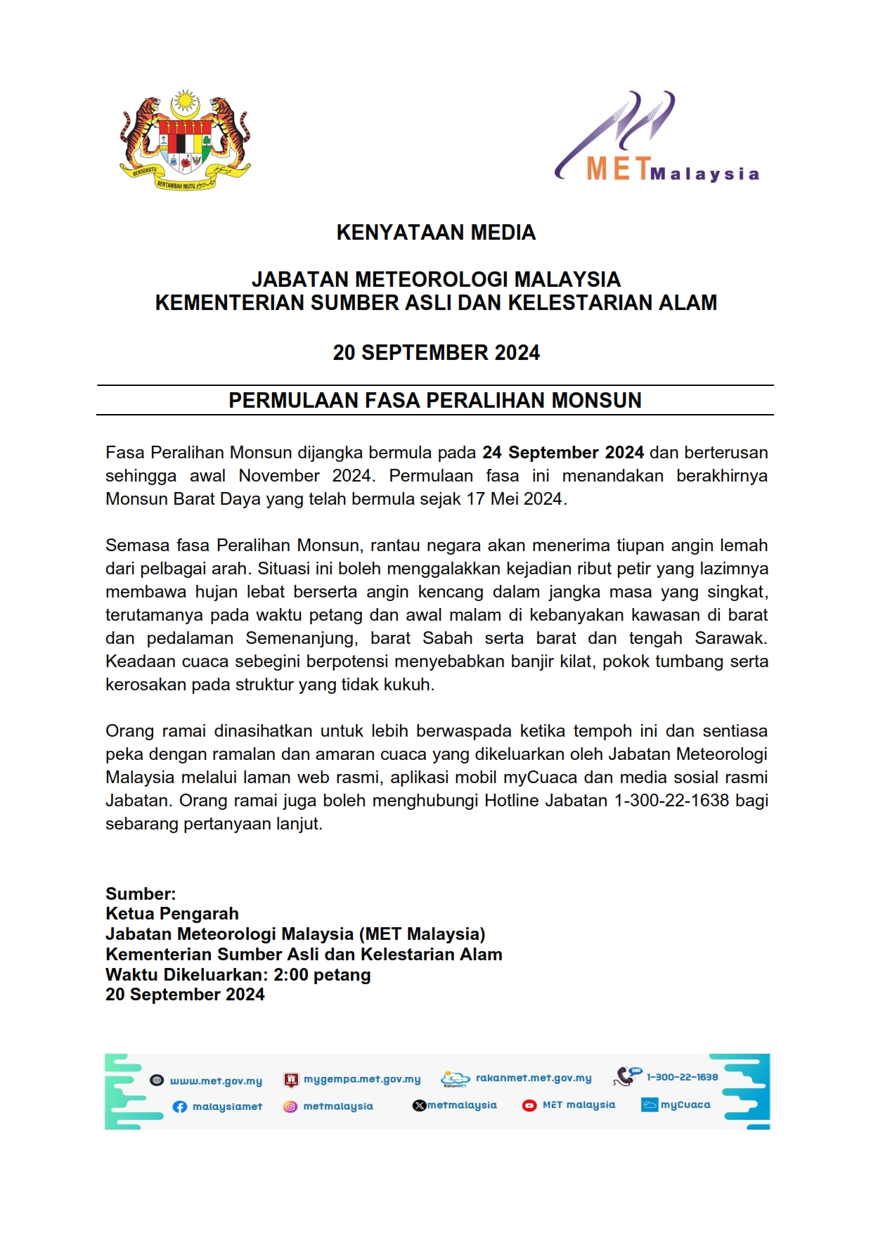 Kenyataan Media Jabatan Meteorologi Malaysia 20/09/2024 14:00 PM