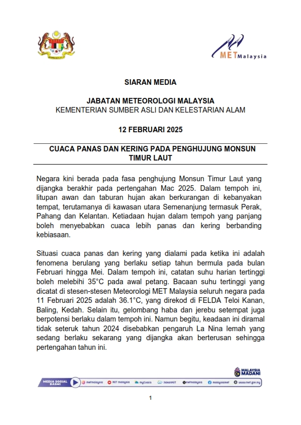 Siaran Media Jabatan Meteorologi Malaysia 12/02/2025