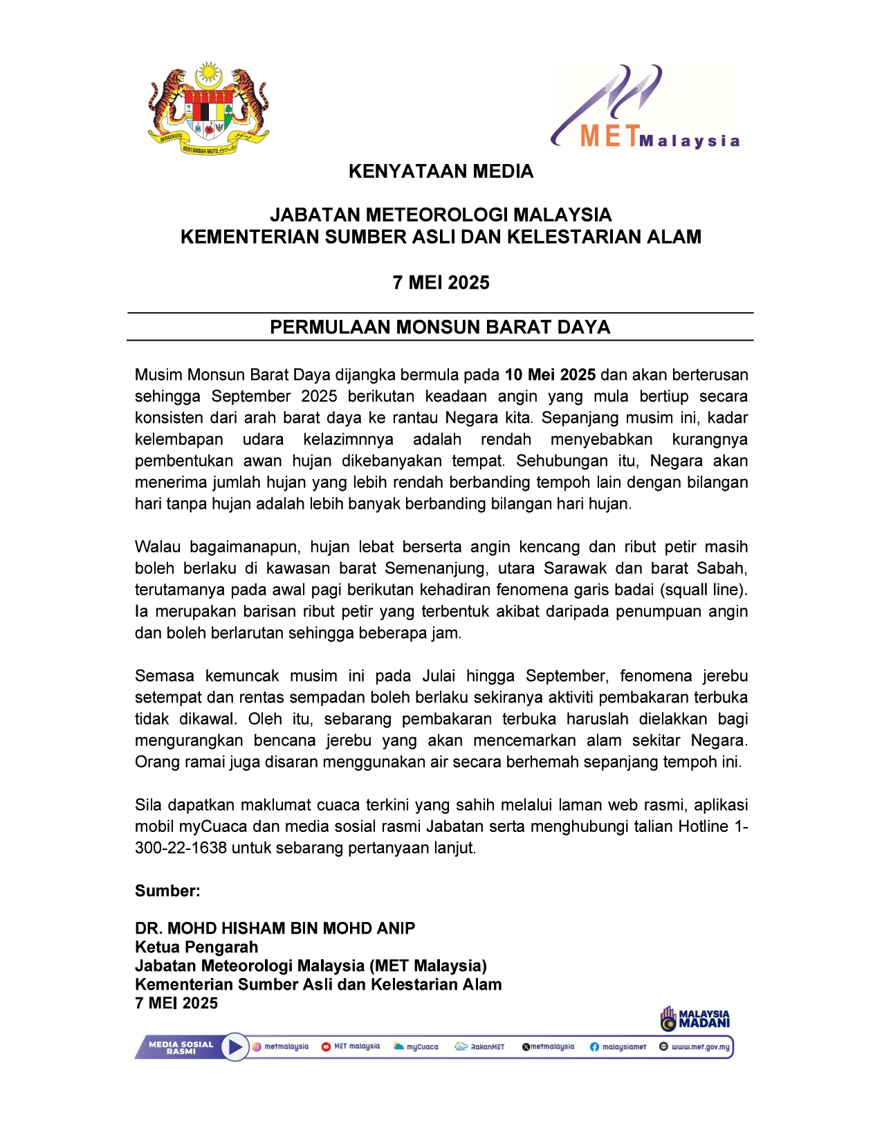 Kenyataan Media Jabatan Meteorologi Malaysia 07/05/2025