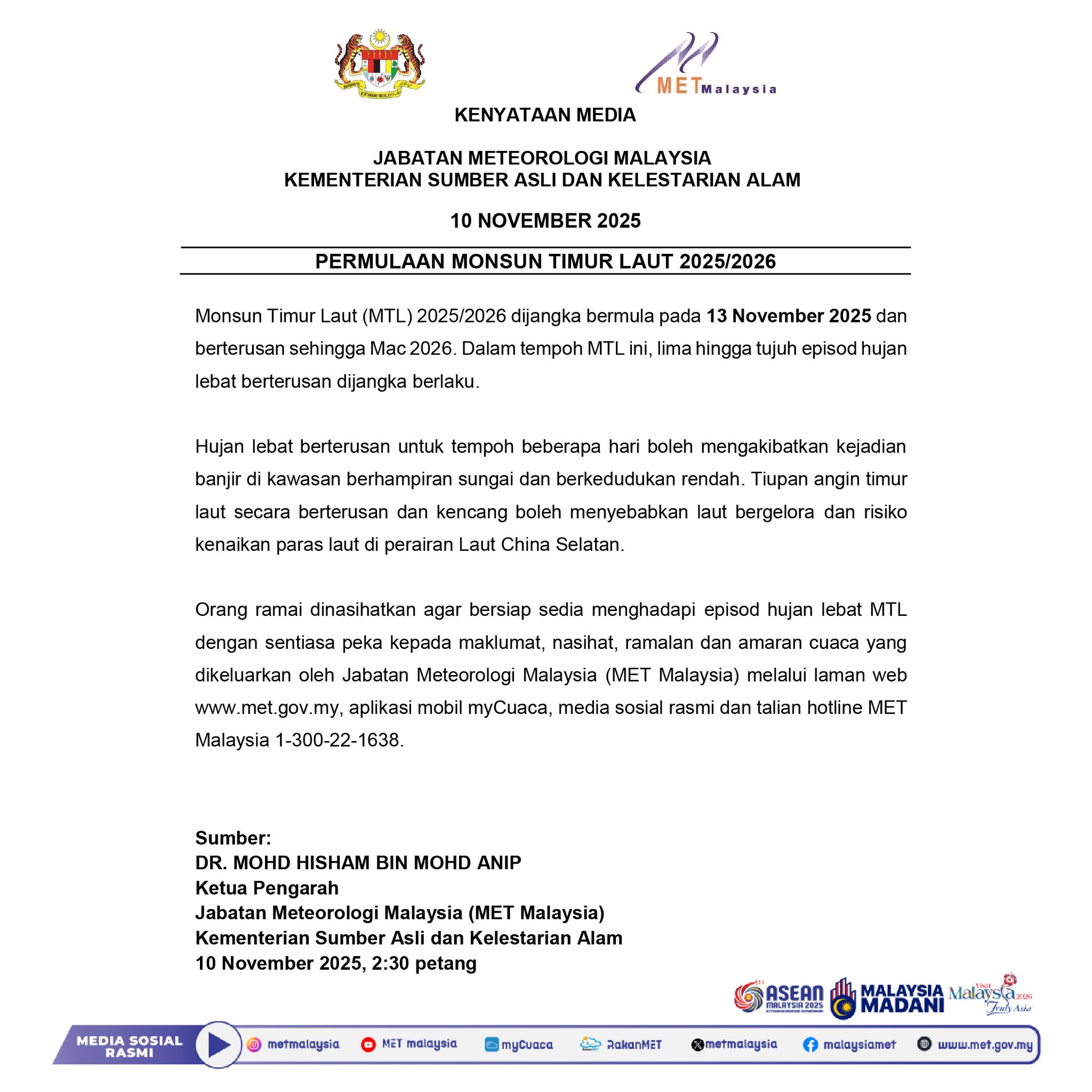 Kenyataan Media Jabatan Meteorologi Malaysia 10/11/2025